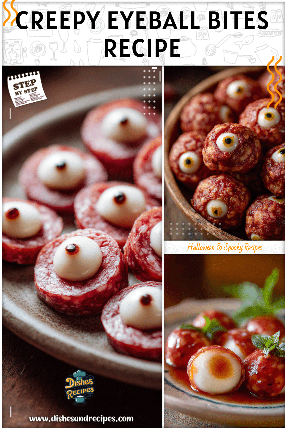 Plate of salami mozzarella eyeballs served as creepy Halloween appetizers